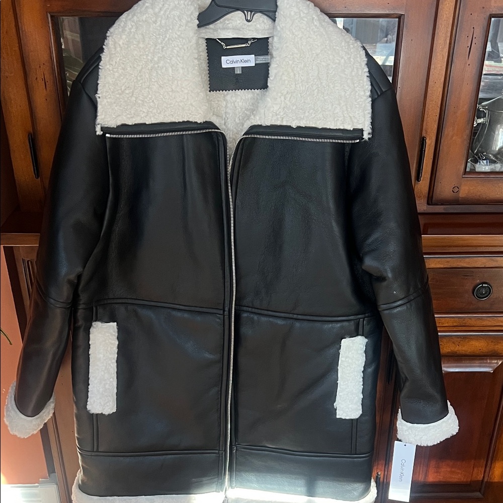Calvin Klein Black Long Bomber Jacket with White Shearling as Seen on TikTok